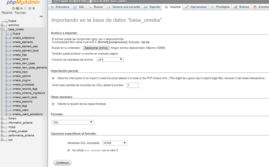 Importar tablas de la base de datos de Omeka