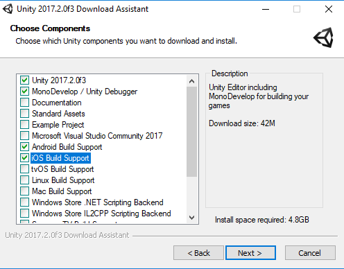 Components dialog box for Unity 2017.2. Check the Android Build Support option. Check the iOS Build Support option if you working on a Mac.