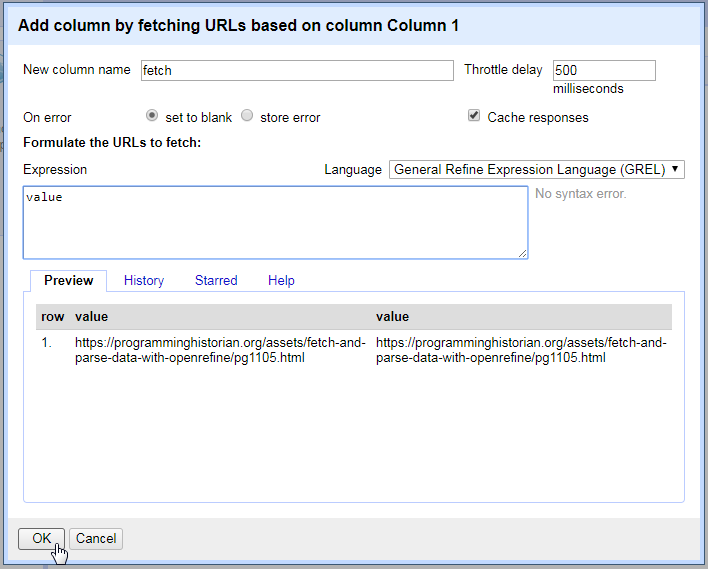 Add column by fetch dialog box