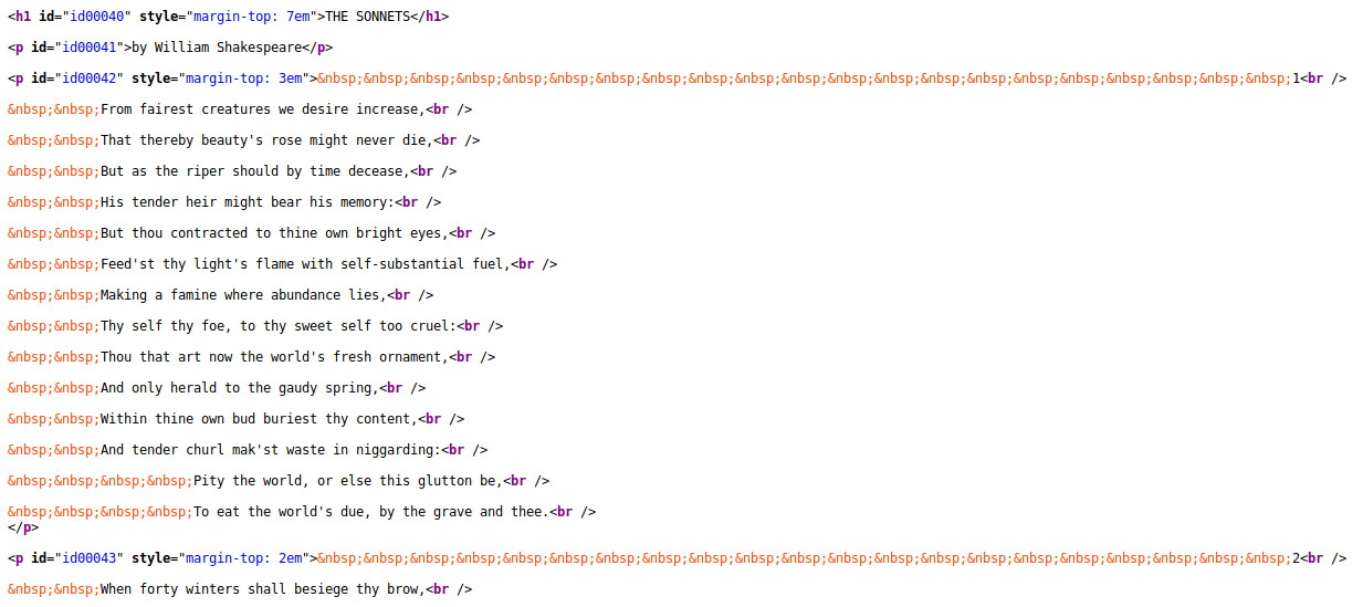 Each sonnet is a \<p\> with lines separated by \<br />