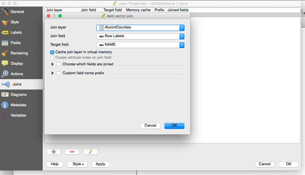 Figure 2: The join fields to vector dialogue