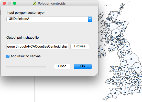 Figure 4: The Polygon Centroids dialogue and result