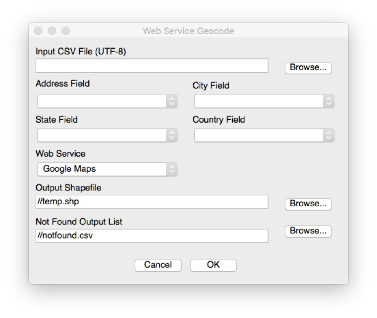 Figure 9: The 'Web Service Geocode' dialog from the MMQGIS plugin