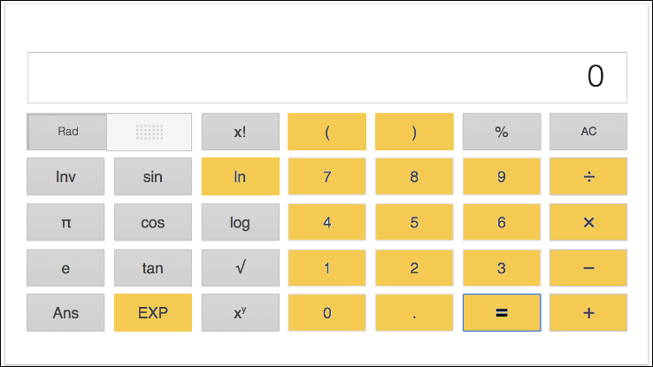 Figure 2: The Google calculator, with the keys used in this tutorial highlighted in yellow. You can use any calculator that has these keys as a minimum.