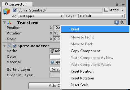 Reset the position, rotation, and scale of a game object in the Transform component.