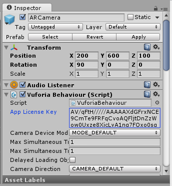 Copy and paste your app license key into the Vuforia Behaviour script attached to your ARCamera prefab.