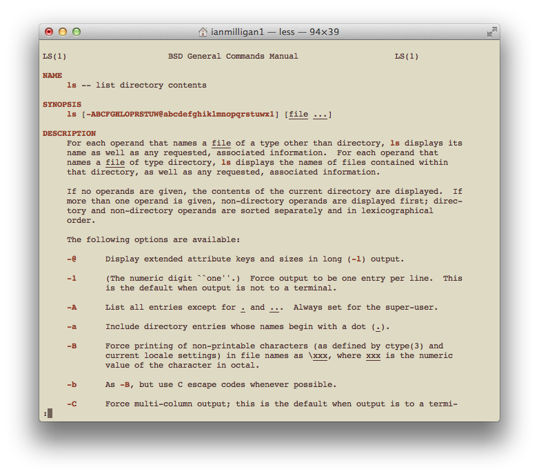 The Manual page for the LS command