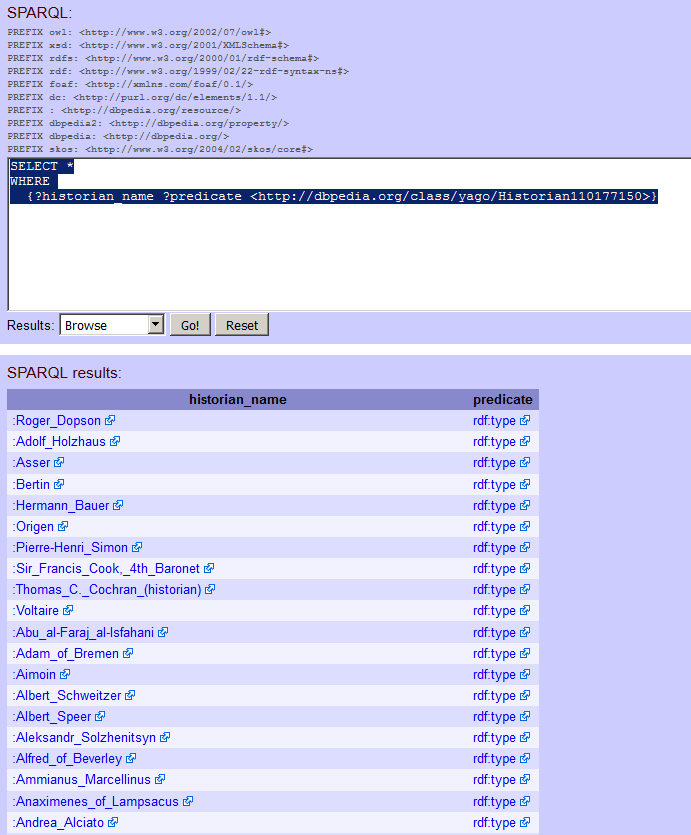 Duas capturas de tela com a interface de consultas snorql e respectivos resultados