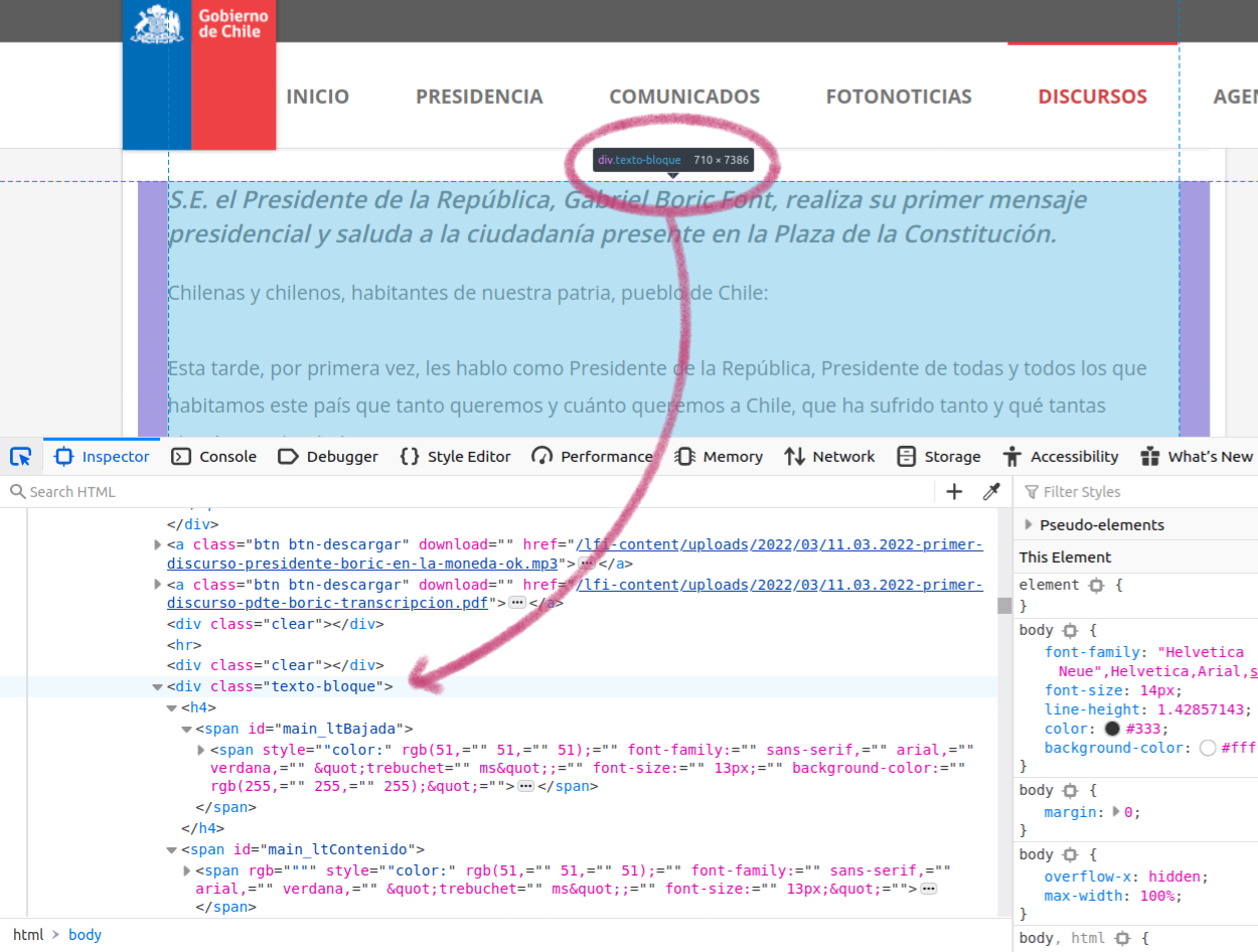 Captura de pantalla de la página con el panel de desarrollo abierto. En la página está la sección del discurso destacada y una flecha muestra a qué línea en el código corresponde