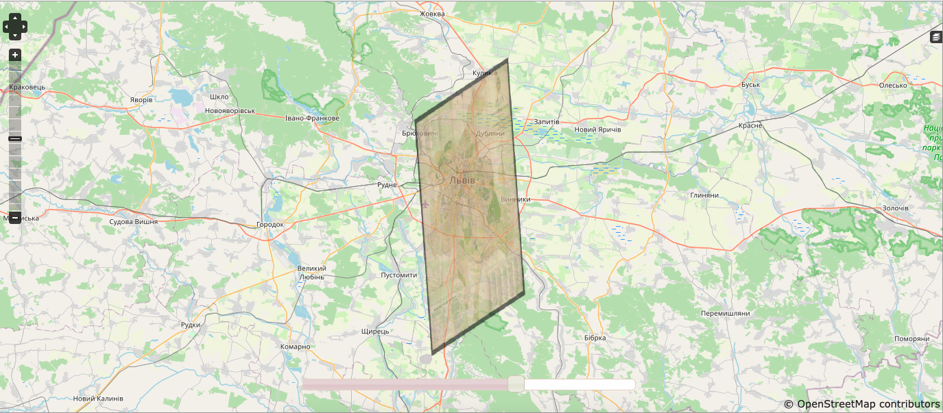 A historical map warped into an irregular quadrilateral shape, and overlaid onto a larger-scale contemporary map