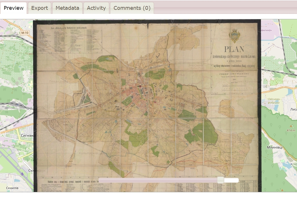 Screenshot of the Preview tab of Map Warper's interface, with the scanned historical map of North Carolina and South Carolina overlaid onto a contemporary 'base layer' map of the same geographical region, at the same scale. A slider bar at the bottom of the interface is adjusted from the leftmost position, slightly towards the right.