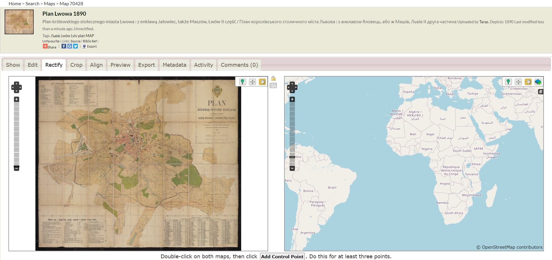Screenshot of the Rectify tab of Map Warper's interface, displaying a historical map on the left alongside a contemporary map on the right. The two maps delineate the same geographical region, at roughly the same scale. The two maps are marked with a set of closely-matching marker points.