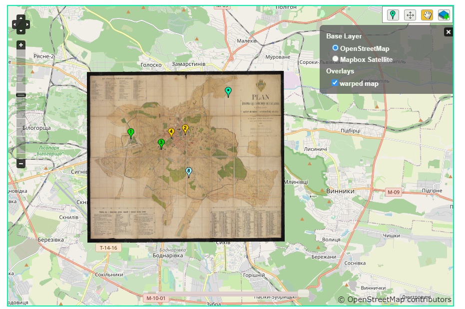 Screenshot of Map Warper's interface, with the scanned historical map of North Carolina and South Carolina overlaid onto a contemporary 'base layer' map of the same geographical region, at the same scale. At the upper left, there is a four-way navigation tool, and a slider-style zoom tool. At the upper right, there are icons including a marker point, a hand, and a four-way navigation arrow. A semi-opaque, information panel at upper right indicates that the base layer originates from OpenStreetMap and the overlay is a warped map.