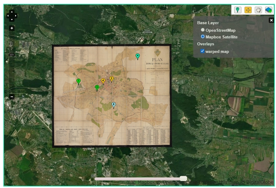 Screenshot of Map Warper's interface, with the scanned historical map of North Carolina and South Carolina overlaid onto a contemporary 'base layer' map of the same geographical region, at the same scale. At the upper left, there is a four-way navigation tool, and a slider-style zoom tool. At the upper right, there are icons including a marker point, a hand, and a four-way navigation arrow. A semi-opaque, information panel at upper right indicates that the base layer originates from Mapbox Satellite and the overlay is a warped map.