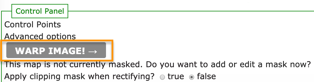 Cropped screenshot of Map Warper's interface depicting a section of the Control Panel with the Warp Image! button highlighted