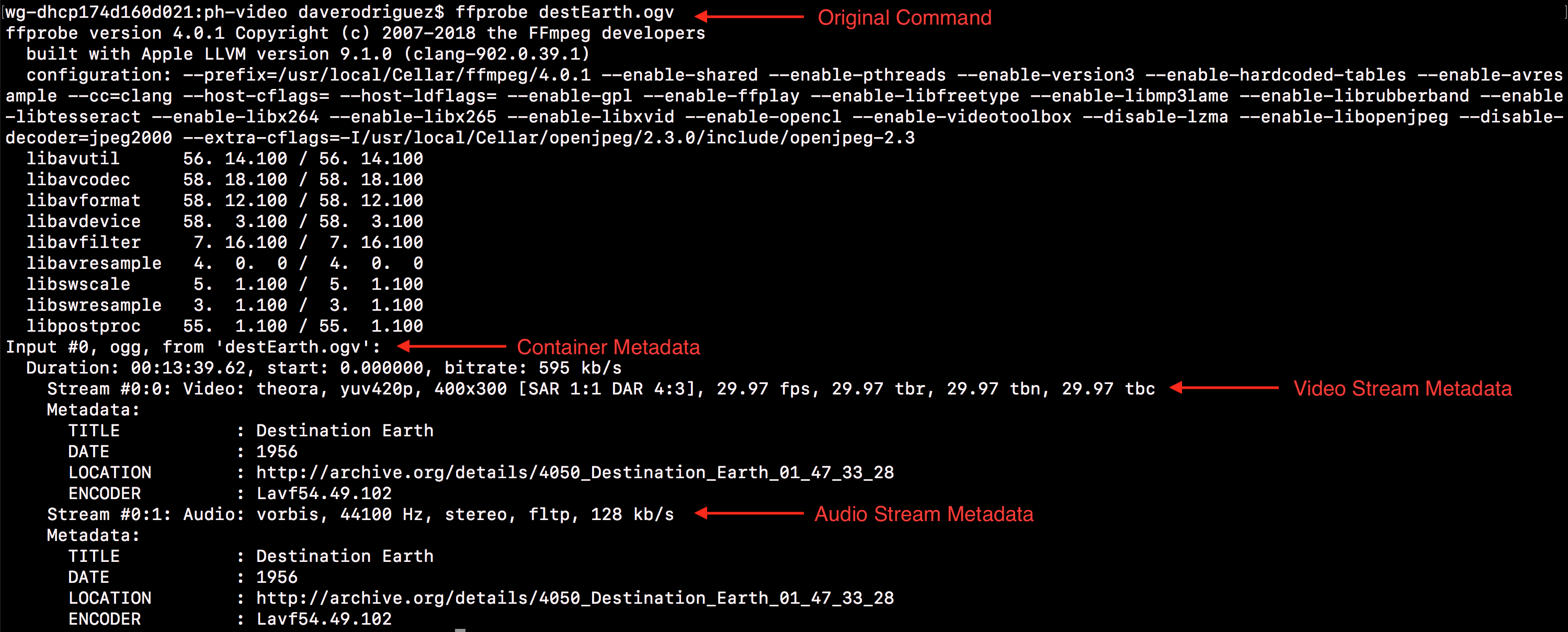 The output of a basic `ffprobe` command with destEarth.ogv