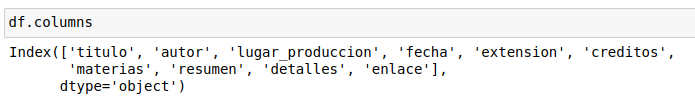 Nombres de las columnas incluidas en el DataFrame